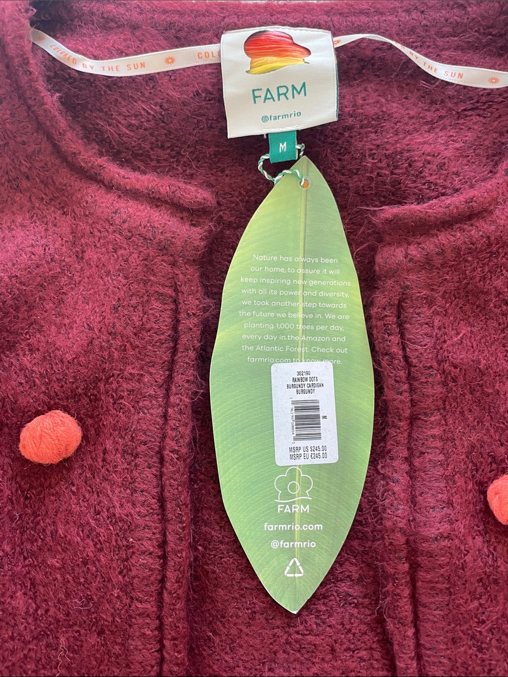 FARM Rio Burgundy Pom-Pom Knit Cardigan size M - Picture 2 of 3